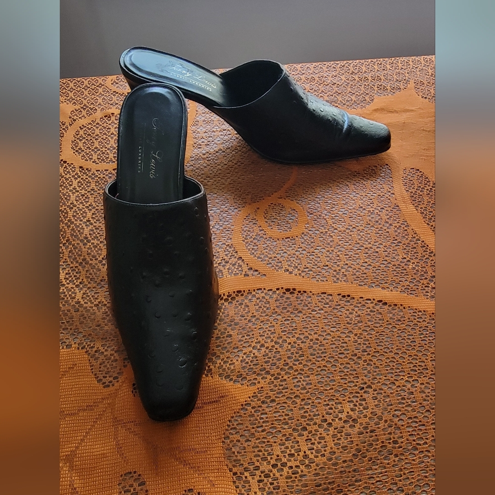 Terry Lewis Genuine Leather Black Slip On Heels Shoes Womens Size 6.5